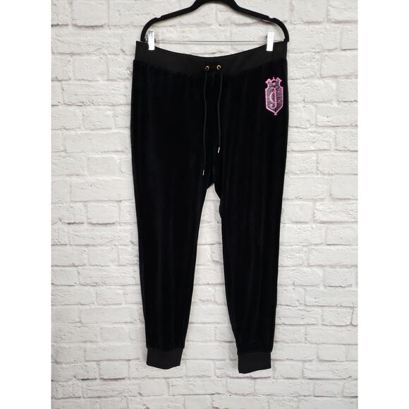 Juicy Couture 90s Y2K Black Velour Track Pants Drawstring Elastic Waist Bling XL - Picture 1 of 12